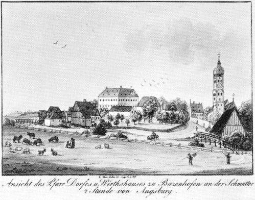 View of Batzenhofen with brewery and parish church.